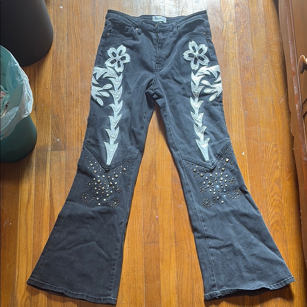 Embroidered Black Flare Jeans